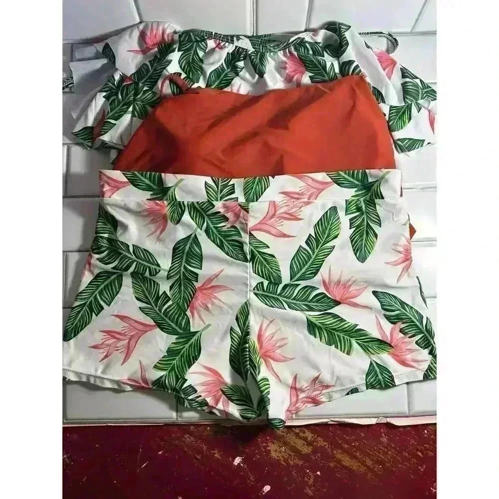 Floral Tropical Leaves Flowers Women’s Swimsuit With Two Tops L,1 Bottom Xl 3pcs - Picture 4 of 16